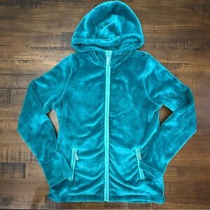 Lands End Girls Green Aqua Fuzzy Soft Zip Up Polyester Jacket Size XL 16